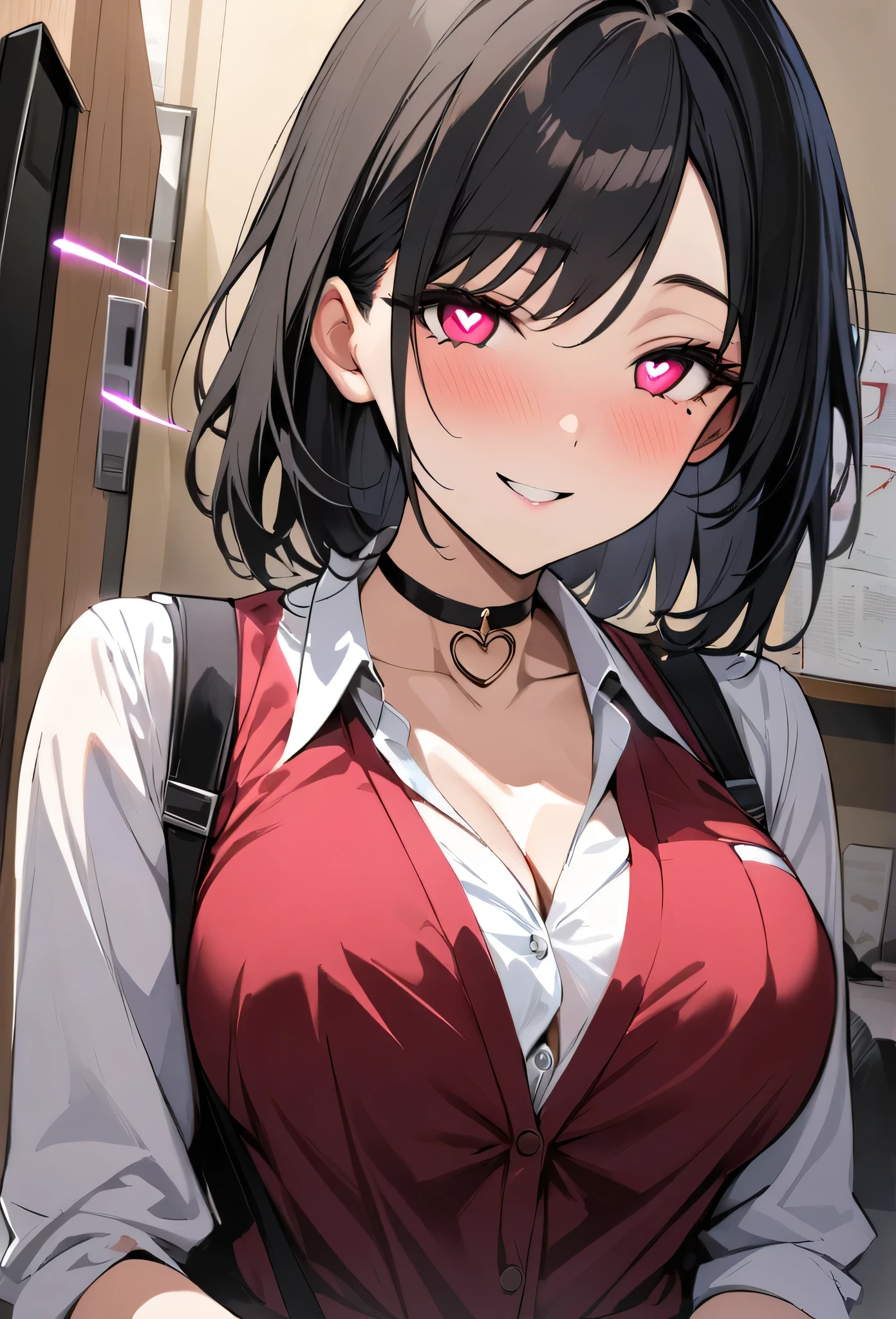 {lady with shoulder-length black hair named Rico}, business suits,tall,'', (It feels like saying Hello, daytime hours), indoor,{going out style}, ((Heart-shaped choker) ), (office room), Bright background, Mole under the eye, Heart-shaped choker, ((Masterpiece)), Highly detailed CG Unity 8k wallpaper), Top quality,, Detailed background, beautifully detailed eyes, heart shaped pupils,hollow eyes, looking at viewer,(very delicate and beautiful)), ((beautiful) eyes (detailed description),extra large breasts, browse,shirts,floating heart,brainwashed,sadistic smile