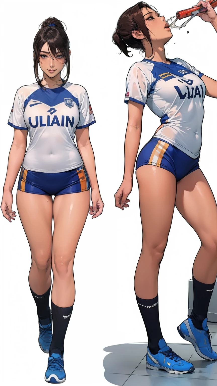 ((masterpiece)),(((best quality))),((Character Design Sheet)),((sketch)),((vulgar)),Thick thighs,1 girl,Big deal ,((Between breasts)),Cat Juice,Wearing wet sexy soccer uniform and soccer shoes,Half-lifted shirt,milking