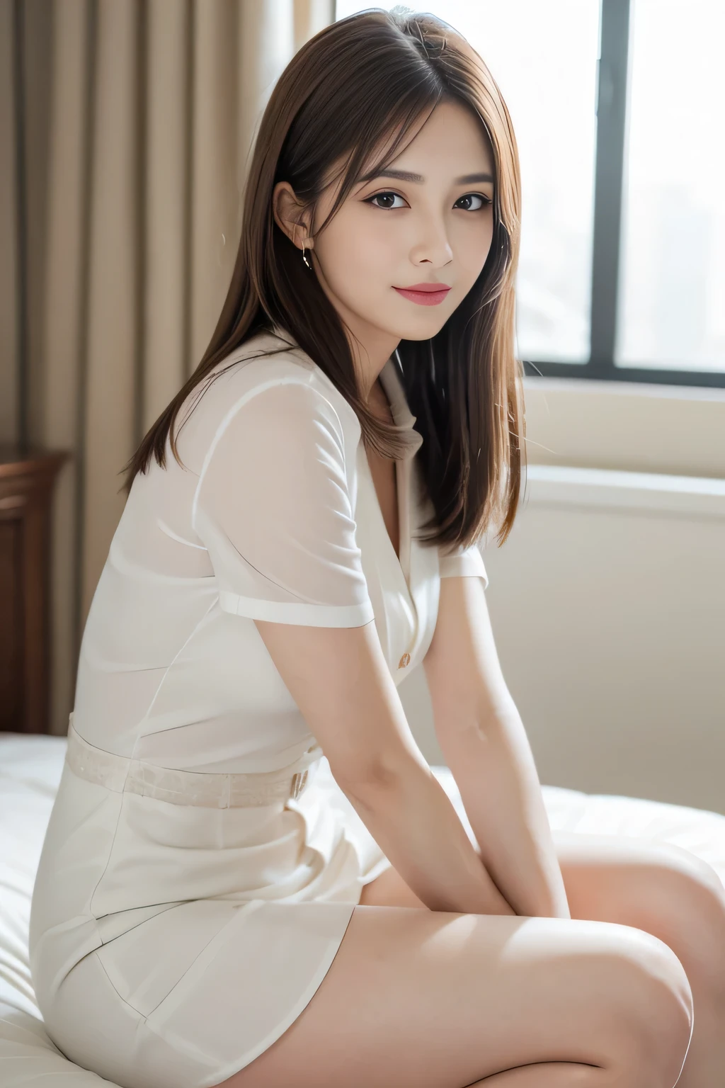 (超High resolution, masterpiece, Anatomically correct, Textured skin, Super detailed, Highest quality, High resolution, 8K, bloom, Front light), (Cute and sexy 24 year old nurse, Sexy Face, Distant eyes, Gentle eyelids, Thin eyebrows, Gentle corner of the eye, Beautiful aquiline nose:1.4, It will totally charm you, Eyes that feel erotic, A taste of beautiful eroticism, Too cute beauty), (Brown Hair, Long Hair, Straight hair, bangs), (Gal Makeup, eyeliner, Lip gloss), (Ample breasts, Cleavage:1.4, Slim proportions, Shiny thighs), (Looking into the camera, sitting on the bed:1.5, Spread your legs:1.5, Leg spread:1.5, Lift your legs:1.5, Arch your back:1.2), Shooting from below:1.5, Extreme close up:1.2), (nurse's uniform, Nurse cap, Light blue nurse clothes), (hospital, hospital room, bed, Pure white ceiling), Sexy smile,