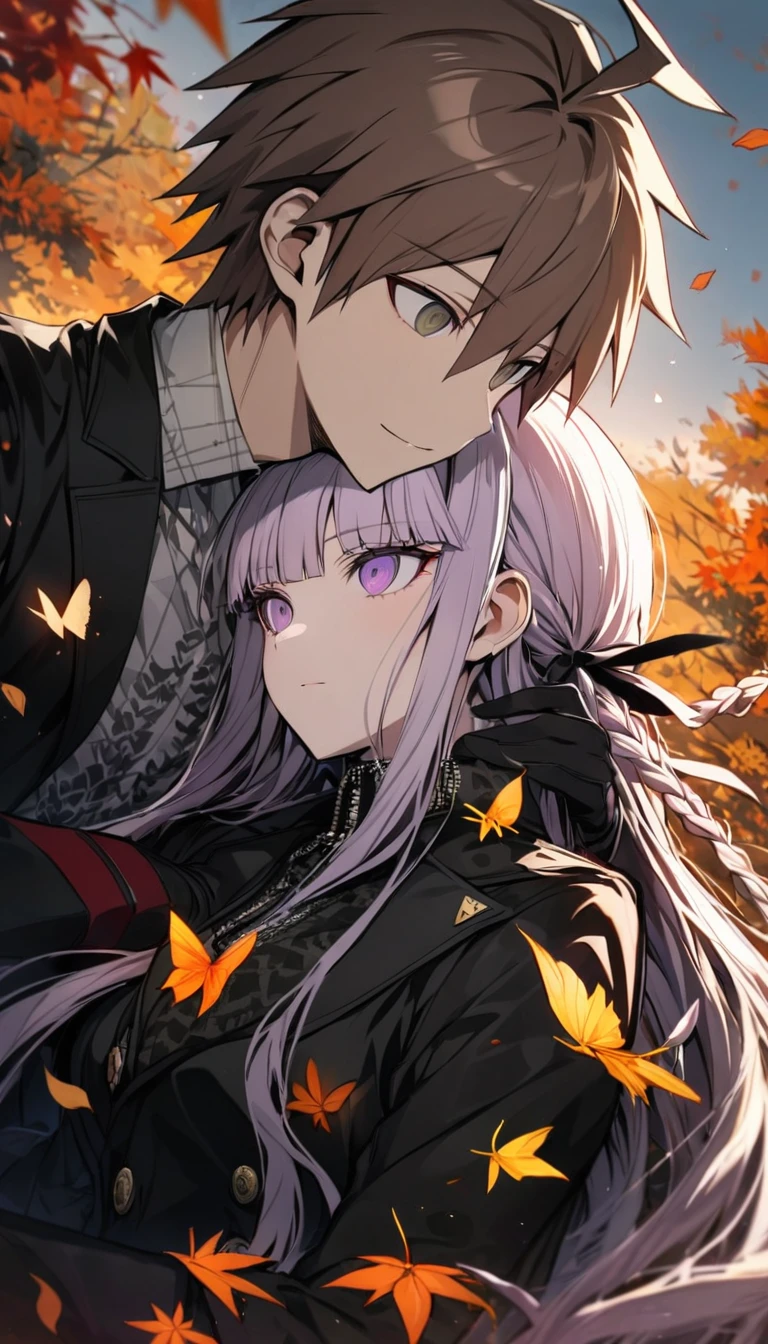 Ultra detailed, Highres, absurdres, HDR, Kirigiri Kyoko, light lavender hair, expressive purple eyes, Makoto Naegi, desaturated brown hair, hazel eyes, black jacket with patterns, Danganronpa, autumn, petals, extremely beautiful, 1 woman together with a man, couple, love, very detailed eyes and face, black gloves, orange leaves, butterflies, master piece, best quality,