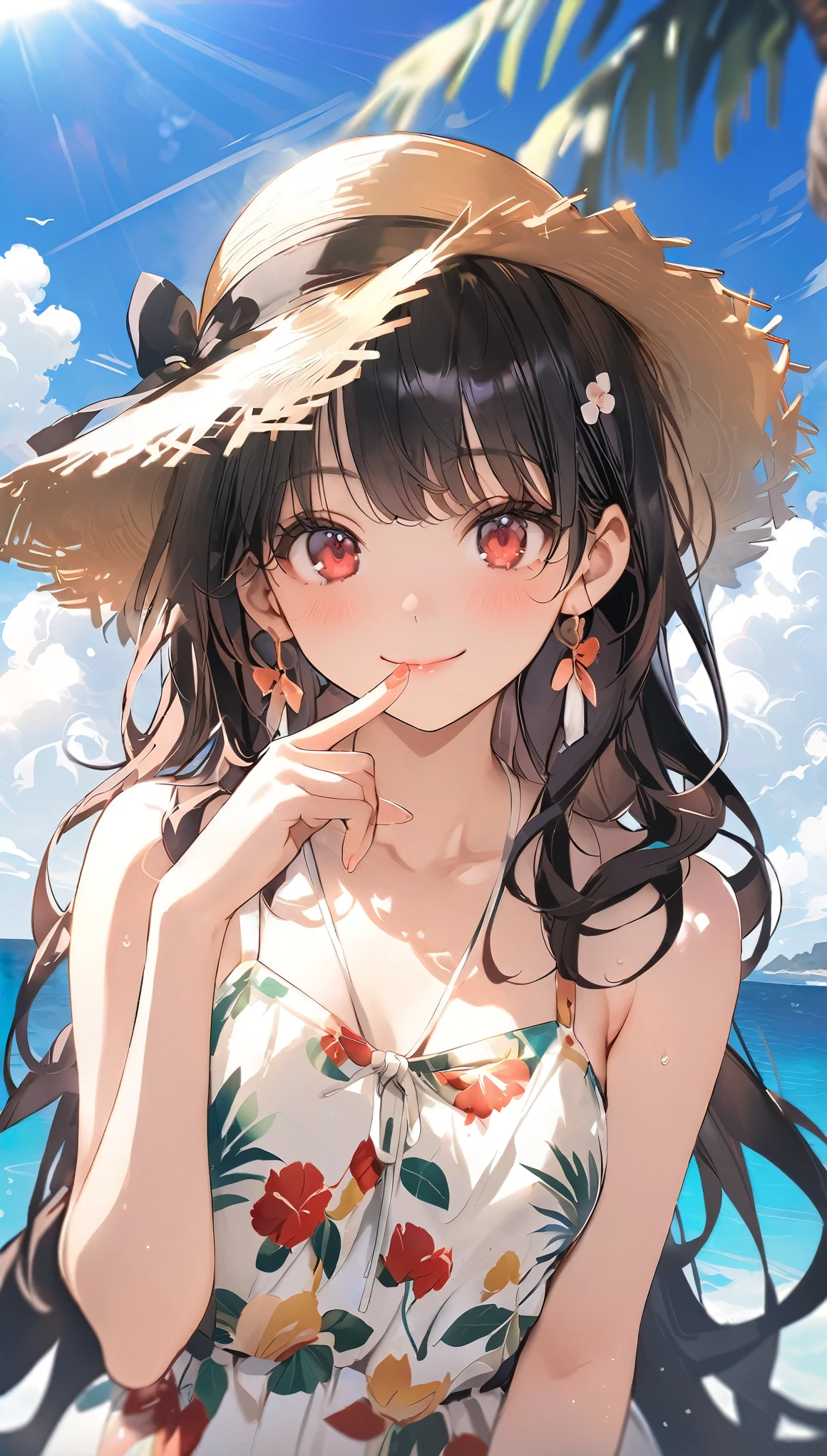 (masterpiece, highest_quality), very be familiar with cg unity 8k wallpaper, wonderful_Are you okay_figure, BREAK 1girl, long black hair wearing a straw hat, small breasts, (shy smile), red eyes, anime style 4k, beautiful anime portrait, anime moe art style, anime art wallpaper 4k, High quality anime art style, anime style portrait, be familiar with digital anime art, anime art wallpaper 8k, cute anime girl portrait, Hawaii background, blue sea, palm trees, sunlight, whole body, BREAK depth of field, perfect hands, nice fingers, 5_finger, 4_finger,1_thumb,