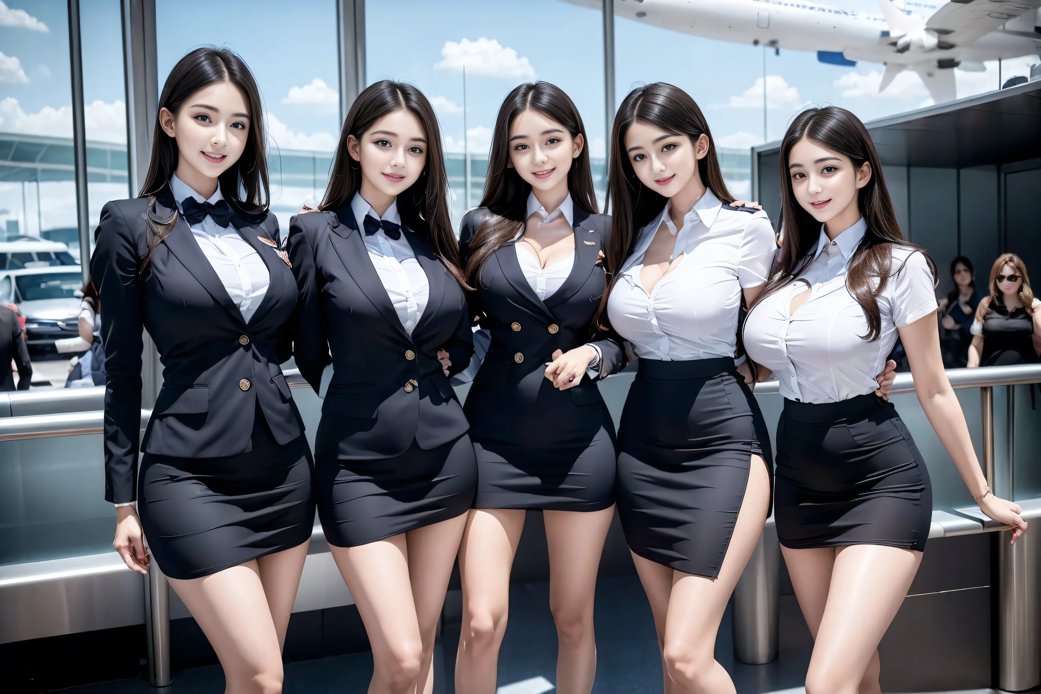 Top quality, ?masterpiece, 8K, Ultra-high resolution, (Reality:1.4), 2 girls in、Beautiful expression、Symmetrical eyes、Huge 、Perfect body proportions、Airline stewardess、Cleavage、Look at the audience、(at the airport:1.2)、Long legs(1.3)、a smile,Body proportions,
