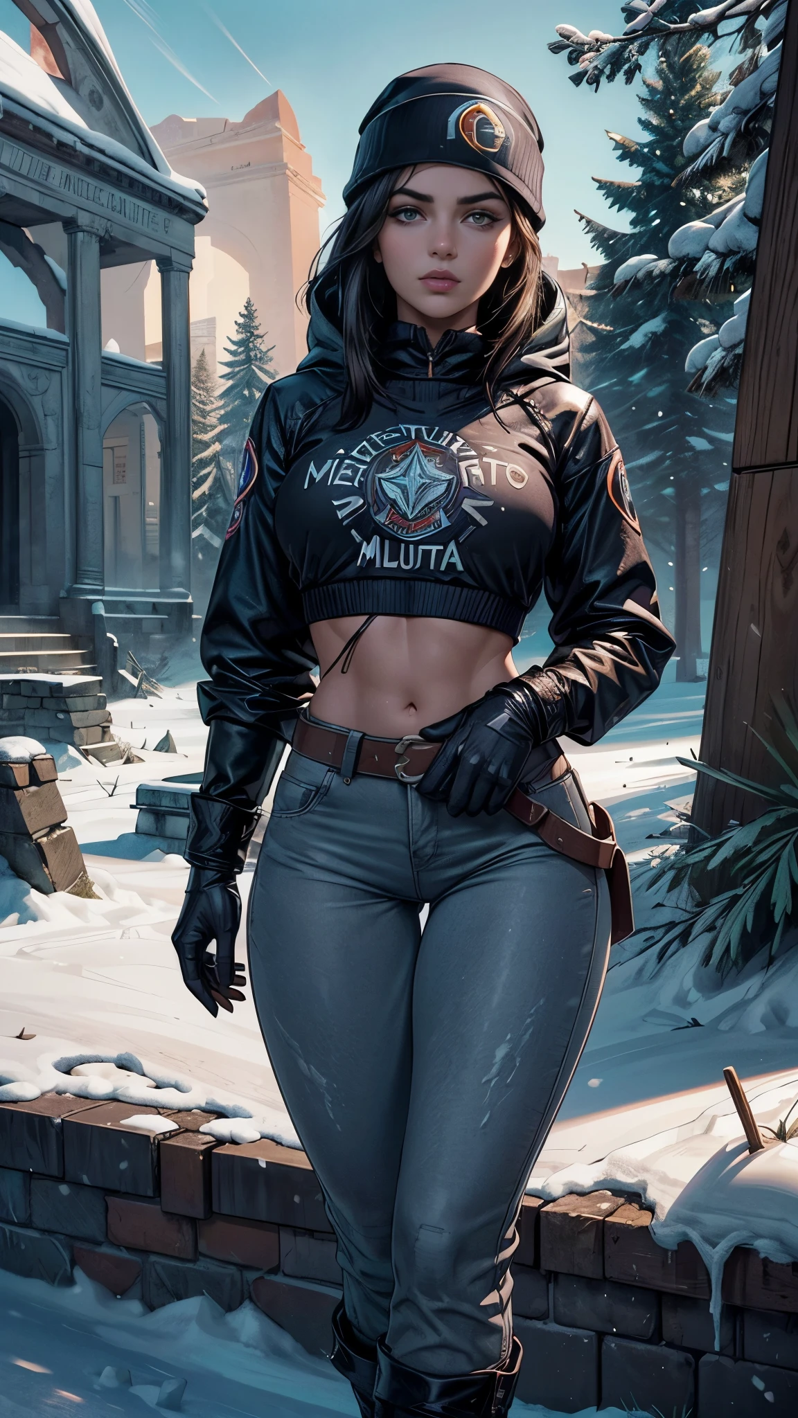 Create a pcalienteorealista image of a captivating American army woman stationed in a winter landscape. 26 years old. (Imagine her dressed in an elegant crop top) .,! pantalones militares:1.4? , (y un gorro ajustado) , radiates confidence and resistance against the cold. caderas grandes, pechos grandes, caliente look. Imagine it in the middle of a snowy terrain., (with evergreen trees covered in snow:1.4) , y suaves copos cayendo a su alrededor. Captura la esencia de su belleza., fortaleza, and determination in this winter environment. ((Pcalienteorealista: 1.8)), ((alta calidad: 1.6)), real, Realidad absoluta, realista, 4k, cara real, realista face, chica americana, tela detallada, maravilloso, caliente, ,(Fondo de ruinas de mazmorra en ruinas:1.4 ), colores brillantes,