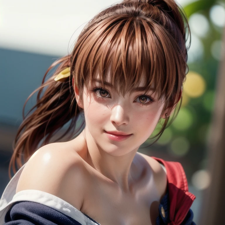 Medium shot of haze, Young face, Brown Hair, ponytail, Sailor suit, With decorative ornament, alone, Shyly lowered face, Red cheeks, Shy laugh, A pose with a slight twist of the upper body, Side lighting, Shallow and sharp depth of field,(Very detailed),Realistic, (masterpiece), (High resolution), (8k wallpaper)