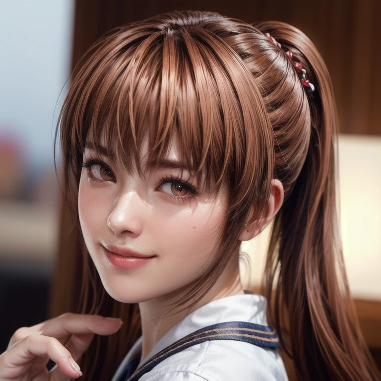 Medium shot of haze, Young face, Brown Hair, ponytail, Sailor suit, With decorative ornament, alone, Shyly lowered face, Red cheeks, Shy laugh, A pose with a slight twist of the upper body, Side lighting, Shallow and sharp depth of field,(Very detailed),Realistic, (masterpiece), (High resolution), (8k wallpaper)