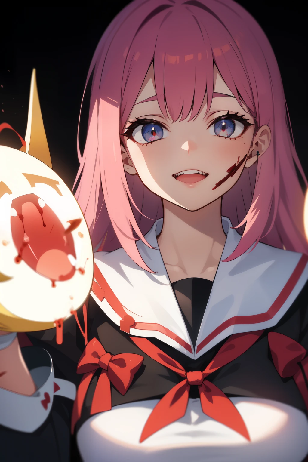 1 garota, (Yandere:1.4), (Yandere trance:1.4), louco, ((sangue no rosto)), backlight, olhando para o espectador, cabelo branco, olhos roxos, corar, sorriso, Yandere simulator, olhos brilhantes, evil sorriso, (rosto sombreado:1.2)