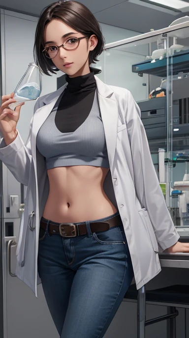 In scp facility, Girl in Laboratory, Turtle-neck, lab coat, showing navel, belt, Exposing the abdomen below the navel, well-dressed, glasses, blue jean, laboratory