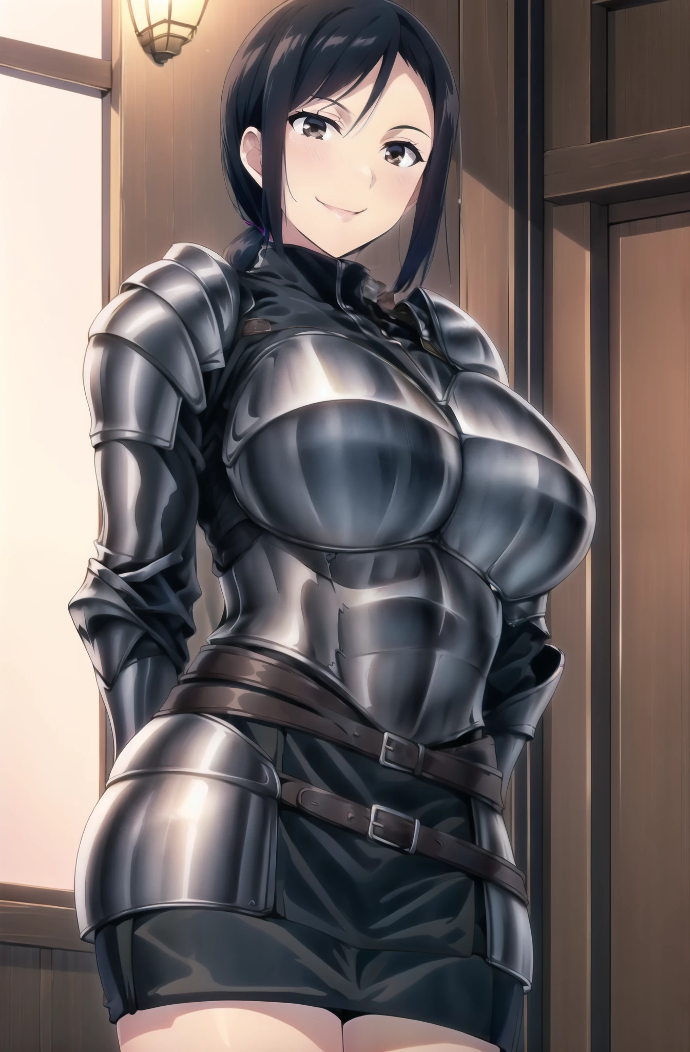 master piece, brown_eyes,(MATURE_WOMAN:1.4), Japan, Tokyo, CityView, Before Window, Standing at attention, mature eyes, smile, armor, shoulder armor, armored, breastplate, black miniskirt, ((black skirt)), black_hair, Bangs, low ponytail, 1 girl, HUGE breast, , 4k
