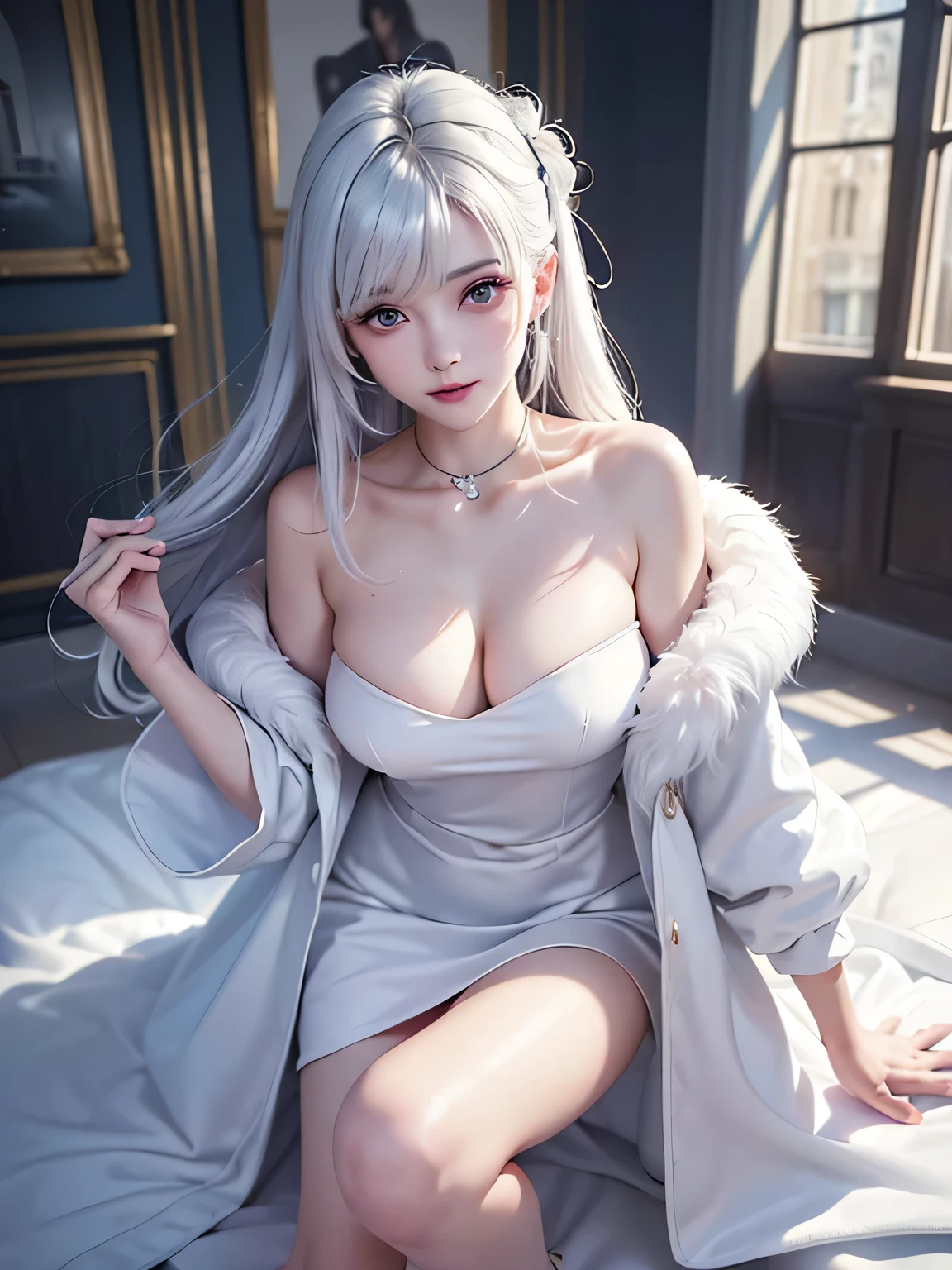 (Above the knees image:1.5)((masterpiece:1.5、8k、Portrait、Photorealistic and very detailed CG、Very detailed、Particle Effects、Dynamic Effects、Written boundary depth、Cinematic Light、Lens flare、Ray Tracing、Tabletop、Realistic:1.4、超A high resolution:1.2、Realistic、Realistic))((alone、virgin killer sweater,A woman wearing a white fur long coat over a off shoulder dress:1.4、Elegant woman posing:、Detailed face、Bright expression、Younger, brighter, whiter skin、small breasts:1.4、Best Looks、The ultimate beauty、White hair with dazzling highlights、Shiny bright hair,、Modern Hair Styles、hair dancing in the wind))(morning、The setting is a snowy hill overlooking ruins.)
