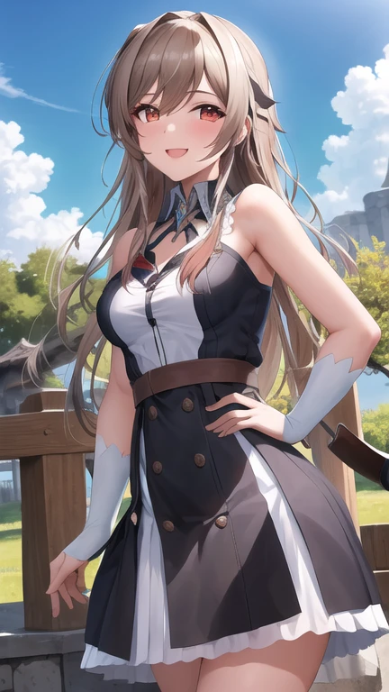 Obra maestra, mejor calidad, high resolution, fel1, guanteletes de novia, muslos negros, hombros descubiertos, belt, correas de liga, vestido blanco, guantes de codo, al aire libre, sonrisa, tiro de vaquero,