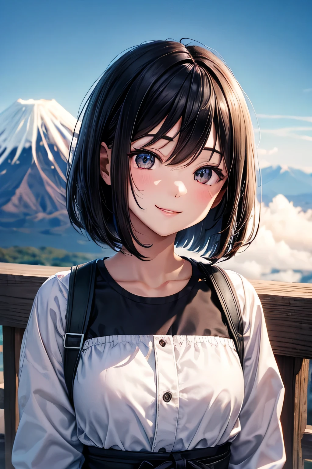 Hollow eyes、smile、(Upper body portrait)、The background is the summit of Mount Fuji、Black Bob
