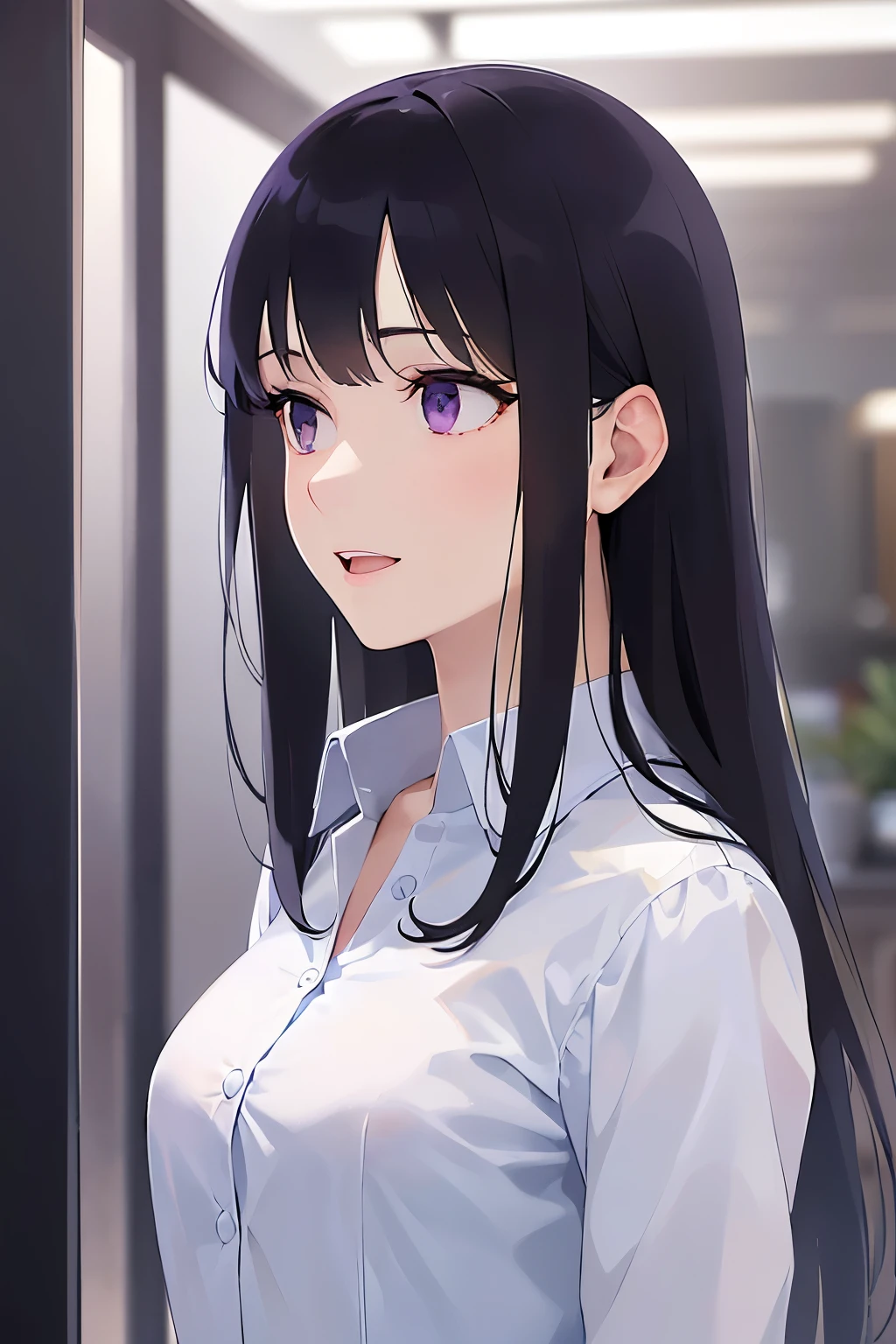 side angle, (looking away:1.5), Real person, (Pale skin: 1.2), RAW Photos, Realistic, Portrait Photography, Shiny skin, Shiny Hair、(A 25-year-old woman with straight hair and bangs) and (medium hair) and (black hair) and (purple eyes) , (business suit:1.5) and(White collared shirt), smile, open mouth, The background is an office hallway、Are standing