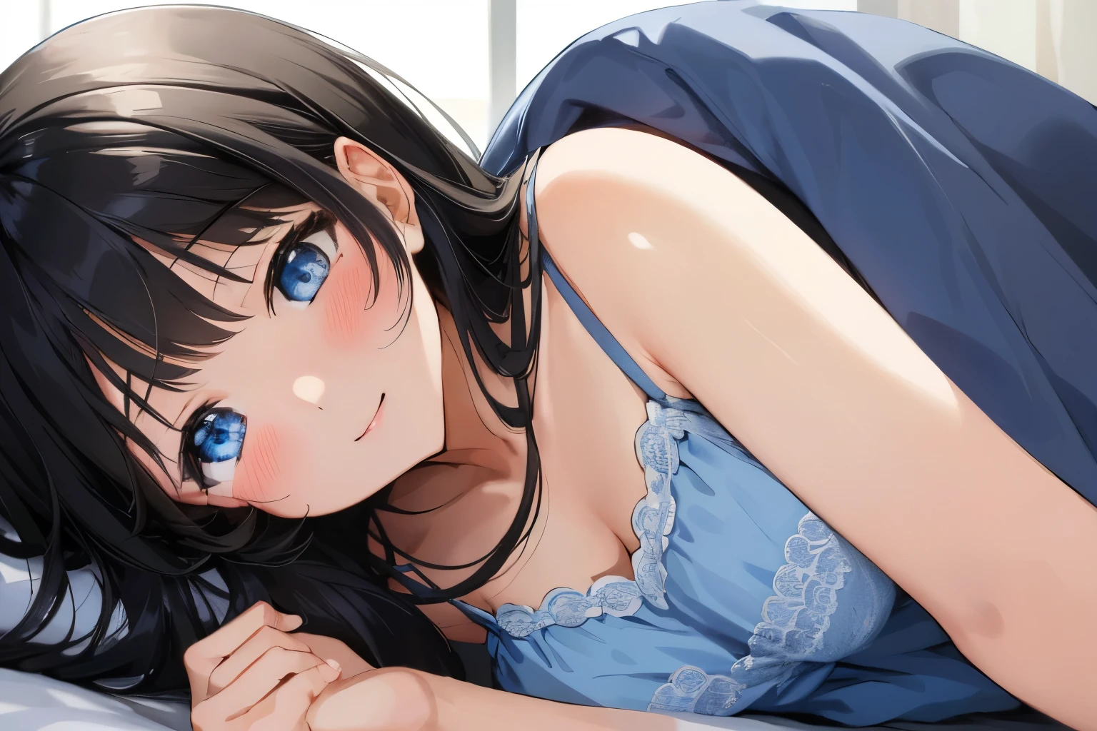 Masterpiece、highest quality、1 female、Super detailed　Black Hair、bangs　Blue Eyes、Detailed depiction of the eyes　Smiling、blush　camisole　Face is close、Facial Close-up、Bring your face closer　Sheetsに寝転がる、Lying on your side　Sheets