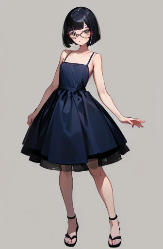 (masterpiece), (8k, best quality, high resolution), (ultra-detailed, realistic), (anatomically correct),
((full body image)), (Standing), (No background),
(1woman), (looking at viewer),
(A Japanese woman, 30 years old and 155cm tall.),
(black hair), (straight hair), (short hair style), (bob cut), (hair behind ears),
(wear glasses), ((black cell frame glasses)),
((Wear a navy blue spaghetti strap dress)), (Mini length dress with simple design),
(Create a detailed image of the eye),
(Her impression is pure, clean and kind.),