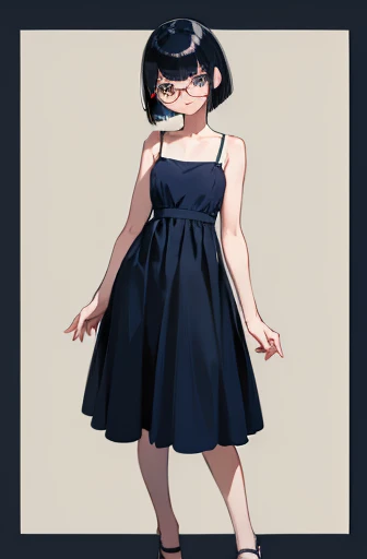(masterpiece), (8k, best quality, high resolution), (ultra-detailed, realistic), (anatomically correct),
((full body image)), (Standing), (No background),
(1woman), (looking at viewer),
(A Japanese woman, 30 years old and 155cm tall.),
(black hair), (straight hair), (short hair style), (bob cut), (hair behind ears),
(wear glasses), ((black cell frame glasses)),
((Wear a navy blue spaghetti strap dress)), (Mini length dress with simple design),
(Create a detailed image of the eye),
(Her impression is pure, clean and kind.),