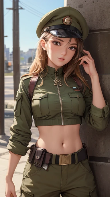 Women in crop top soldier uniform, soldier hat, medal on the chest, exposed abdomen area, very low waist cargo pants, navel piercing , 45 years-old, high ranking , standing,