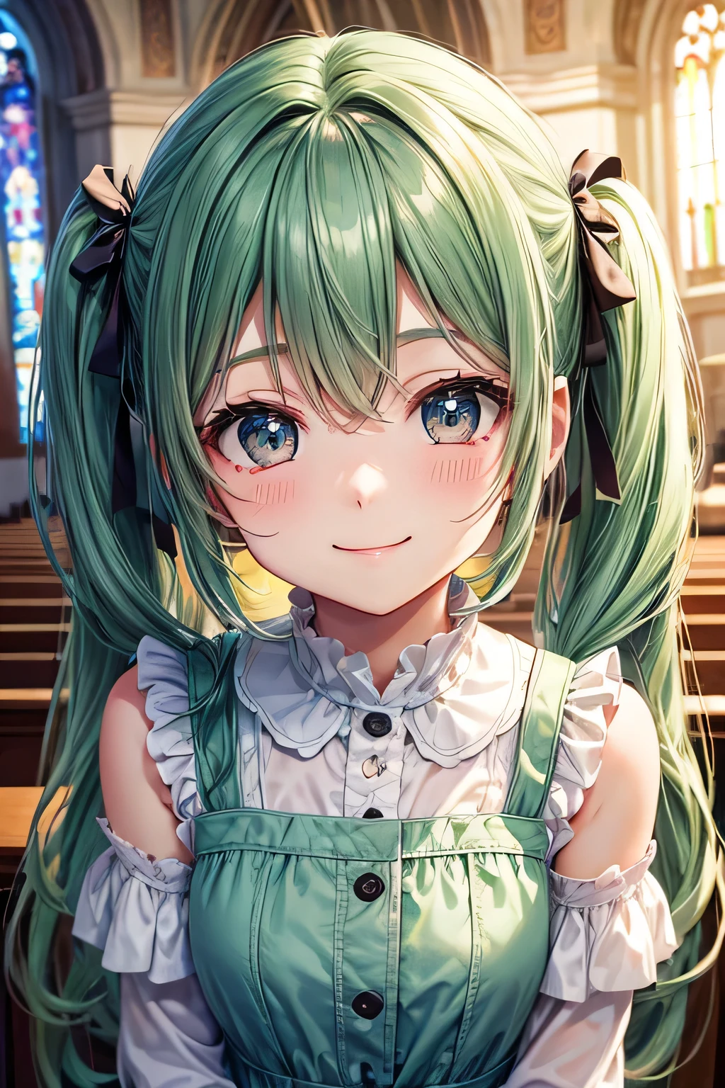 Hollow eyes、smile、(Upper body portrait)、The background is a church、Pastel green dress、Twin tails