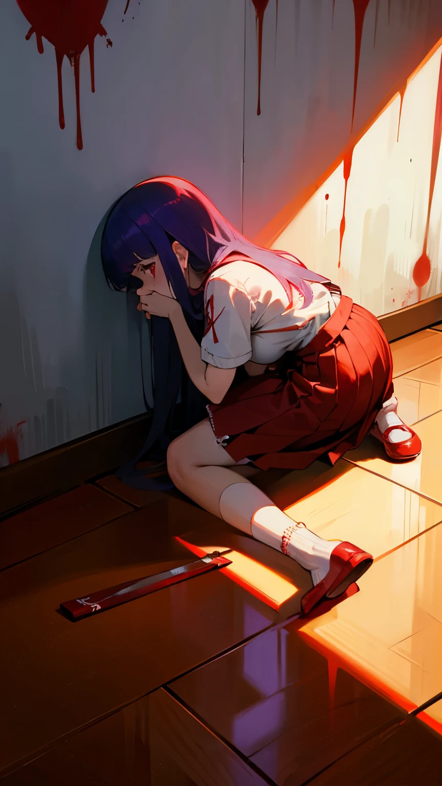 Furude rika crazy girl crazy socks older long hair shrine maiden red hakamo red skirt cleavage breasts white shirt. stabbed blood knife crying blood on walls, wooden floor blood on ground, blood on walls lots of red liquid spilled on floor. red water on ground