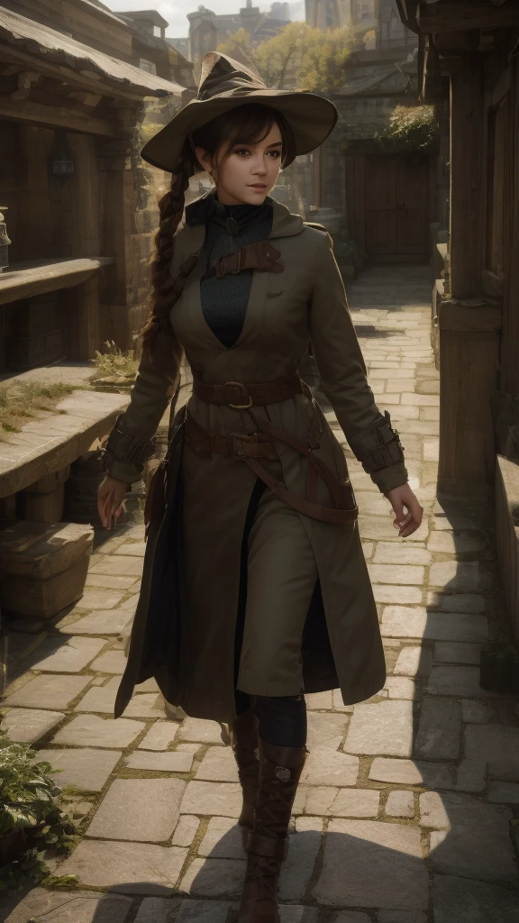 Ultra Detail, High resolution, ultra-detailliert, Best Quality, amazing, of the highest quality, Unified 8K wallpapers, Cinematic lighting, (tight coat), 1woman, (witch hat), (short pony tail), (light brown hair), (brown coat), (elf), ((fantasy)), courtyard background, walking
