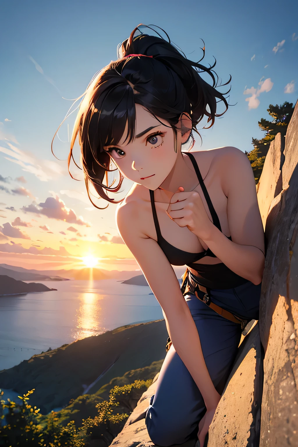 highest quality、High resolution、Detailed Background、(Beautiful face in every detail:1.4)、Anatomically correct、(Draw the usual number of fingers:1.2)、(Detailed facial expressions)、(Detailed eyes:1.2)、(Detailed eyes:1.2)、Beautiful, smooth skin、age beauty、(Highly detailed face:1.4)、Cute color hair color、ponytail、Bobcut、well-groomed eyebrows、Cowboy Shot、
(Beautiful girl climbing in nature:1.5)、
Enjoy climbing while feeling the breeze under the blue sky、Mountain々Enjoy bouldering in the beautiful valleys and gorges that stretch between、
Enjoy rock climbing on the rocks and cliffs near the sea、The ocean views from the cliffs are particularly spectacular.、
Enjoy climbing at sunrise or sunset、The sunset time creates a romantic atmosphere.、
Trees in a natural forest々Enjoy bouldering on the rocks.、You can enjoy colorful and beautiful scenery.