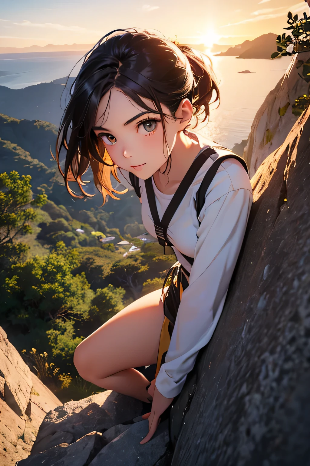 highest quality、High resolution、Detailed Background、(Beautiful face in every detail:1.4)、Anatomically correct、(Draw the usual number of fingers:1.2)、(Detailed facial expressions)、(Detailed eyes:1.2)、(Detailed eyes:1.2)、Beautiful, smooth skin、Teenage beauty、(Highly detailed face:1.4)、Cute color hair color、ponytail、Bobcut、well-groomed eyebrows、Cowboy Shot、
(Beautiful girl climbing in nature:1.5)、
Enjoy climbing while feeling the breeze under the blue sky、Mountain々Enjoy bouldering in the beautiful valleys and gorges that stretch between、
Enjoy rock climbing on the rocks and cliffs near the sea、The ocean views from the cliffs are particularly spectacular.、
Enjoy climbing at sunrise or sunset、The sunset time creates a romantic atmosphere.、
Trees in a natural forest々Enjoy bouldering on the rocks.、You can enjoy colorful and beautiful scenery.