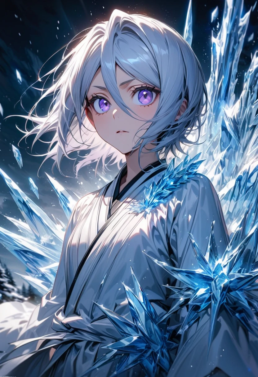 absurdres, highres, ultra detailed, HDR, master piece, best quality, extremely detailed face and eyes, Kuchiki Rukia, white hair, short hair, expressive light-purple eyes, white eyelashes, Bleach, solo, girl, extremely beautiful, white shinigami clothes, ice, ice flowers, ice butterflies, ice trees