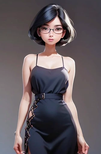 (masterpiece), (8k, best quality, high resolution), (ultra-detailed, realistic), (anatomically correct),  
((full body image)), (Standing), (No background), 
(1woman),  (looking at viewer), 
(A Japanese woman, 30 years old and 155cm tall.), 
(black hair), (straight hair), (short hair style), (bob cut), (hair behind ears), 
(wear glasses), ((black cell frame glasses)), 
((Wear a navy blue spaghetti strap dress)), (Mini length dress with simple design), 
(Create a detailed image of the eye), 
(Her impression is pure, clean and kind.), 
