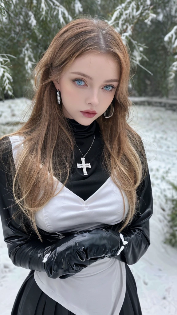 1 miniature Beautiful beautiful woman - Yuan Sayuki, ((top quality, 8K, Masterpiece:1.retty woman, 1 woman, huge breasts:1.3, a slim body:1.1, lush GINGER long hair with 2 buns, (shower, wet body, wet clothes:1.1), very detailed face, detailed lips, detailed eyes, double eyelids, Detailed blue eyes, чрезвычайно Detailed Outstanding Blue Eyes, long GINGER wet hair, GINGER wet hair, Detailed Outstanding Blue Eyes, innocent look at the viewer, very wet wavy white hair, Detailed Outstanding Blue Eyes, huge cross earrings, Outdoors, badges behind, gothic maid uniform,  sexy maid dress, bare chest, huge chest tattoo, detailed huge catholic cross earrings, chest tattoo, Outside, wear a silver cross (Detailed cross shape), reality mode, wet breasts, black necklace, human crowd behind, black latex gloves, hair of white snowy colour, night time, red neon lights, demonic nun, nimbus (golden lighting ring above her head), angel, snowy weather, sexy pose, white lingerie, black maid dress, detailed flower wreath made of different colours, open chest (tattoo on her chest)
