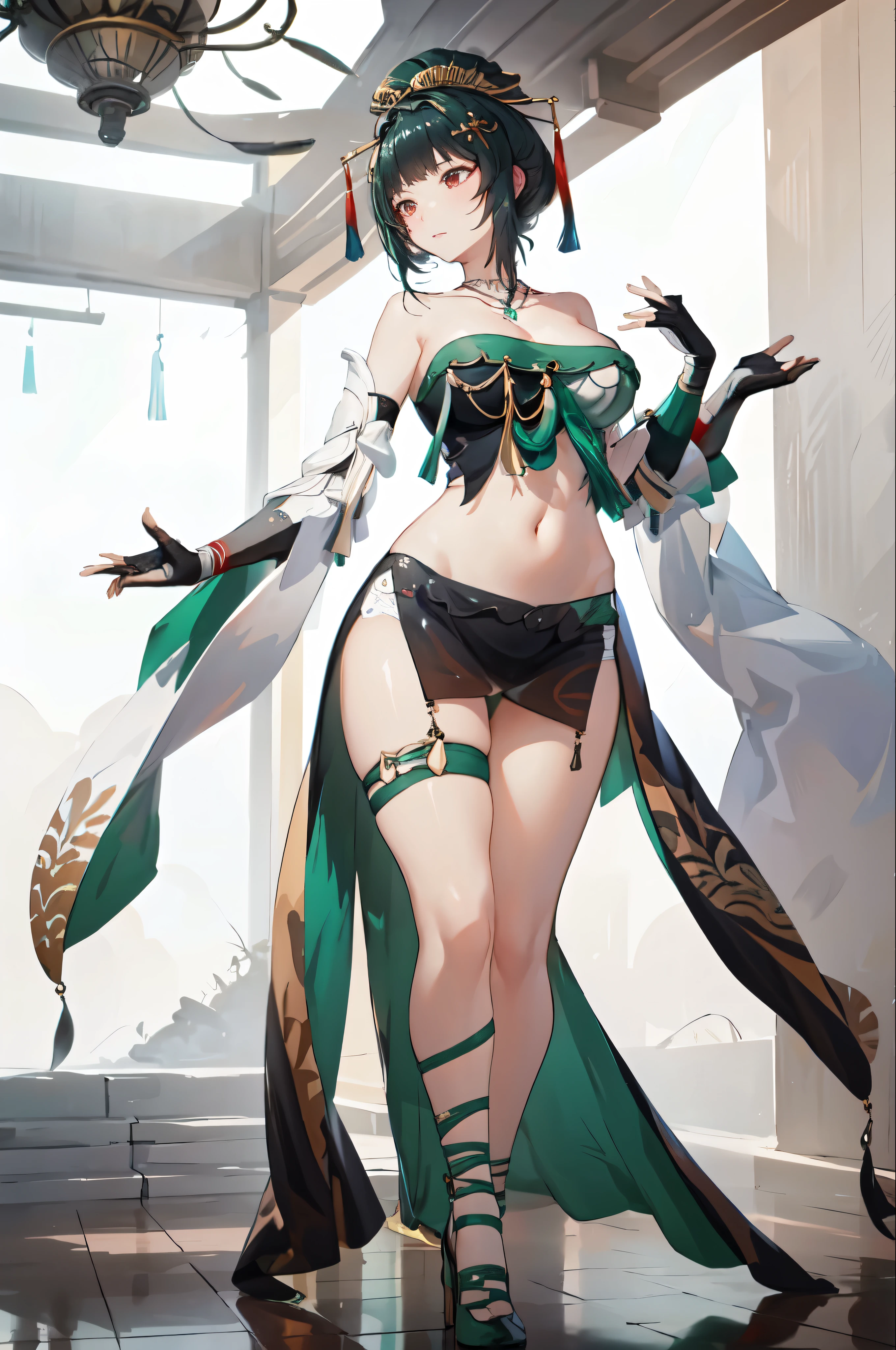 masterpiece, best quality BREAK solo, china dress, highres, 1girl, standing, (large breasts), mature female, hanying, Full body drawing, (masterpiece), (best quality), (hyperdetail), (illustration), ((extremely delicate and beautiful)), (detailed light), (prefect's body), full body drawing, Hanying, HanYing, sexy, sexy belly, sexy belly line, sexy belly button
