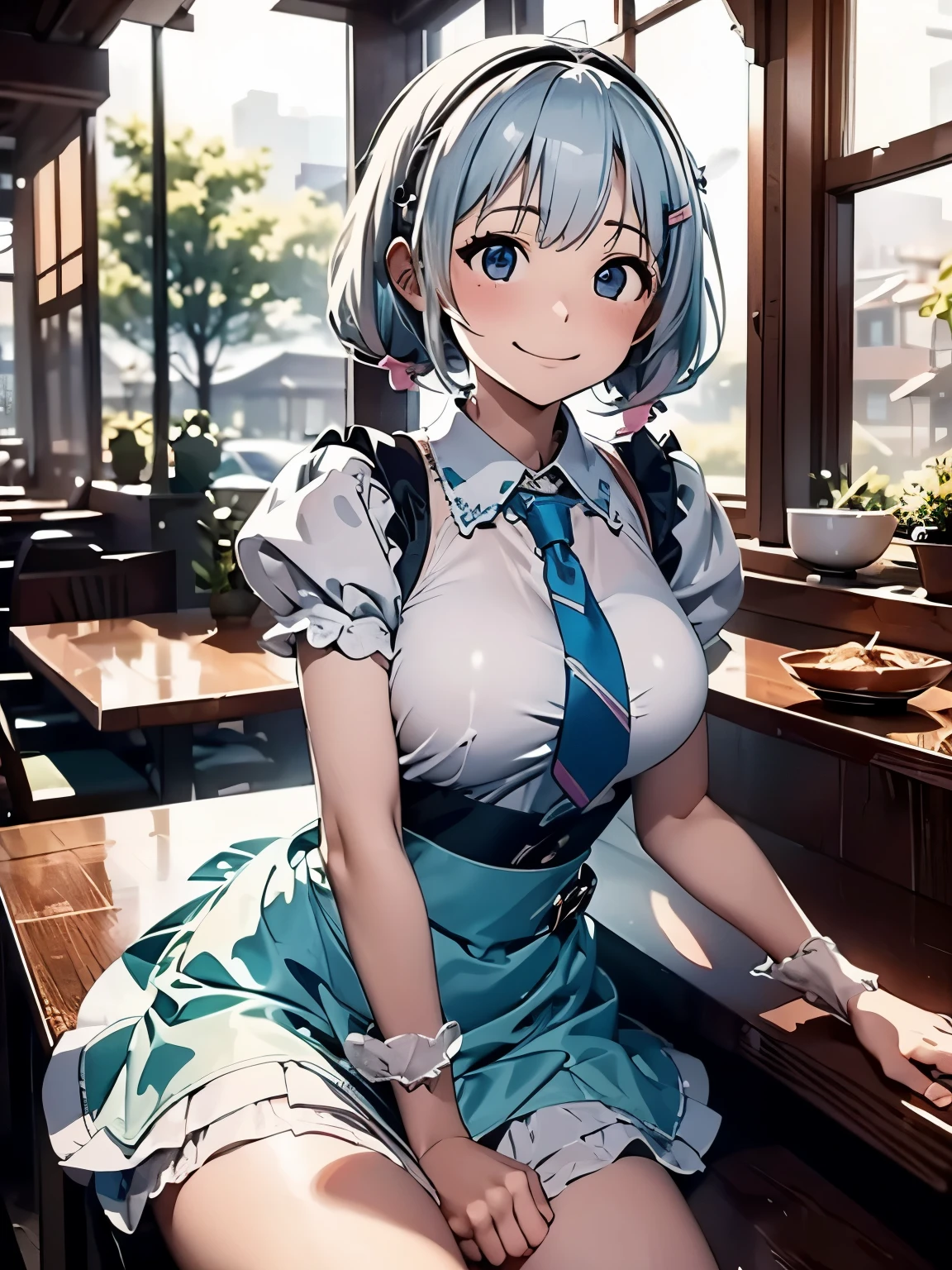 (masterpiece、highest quality、highest quality、Official Art、Beautiful and beautiful:1.2)、(One girl:1.3)Hatsune Miku、Twin tails,Big Breasts,1 girl、Silver hair and short bob hairstyle、Tie your hair up with a hair clip、Glowing pink round eyes、smile、Mouth open、White blouse、Blue Skirt、Apron appearance、indoor、morning、Cafe、Upper body close-up、Sharp contours