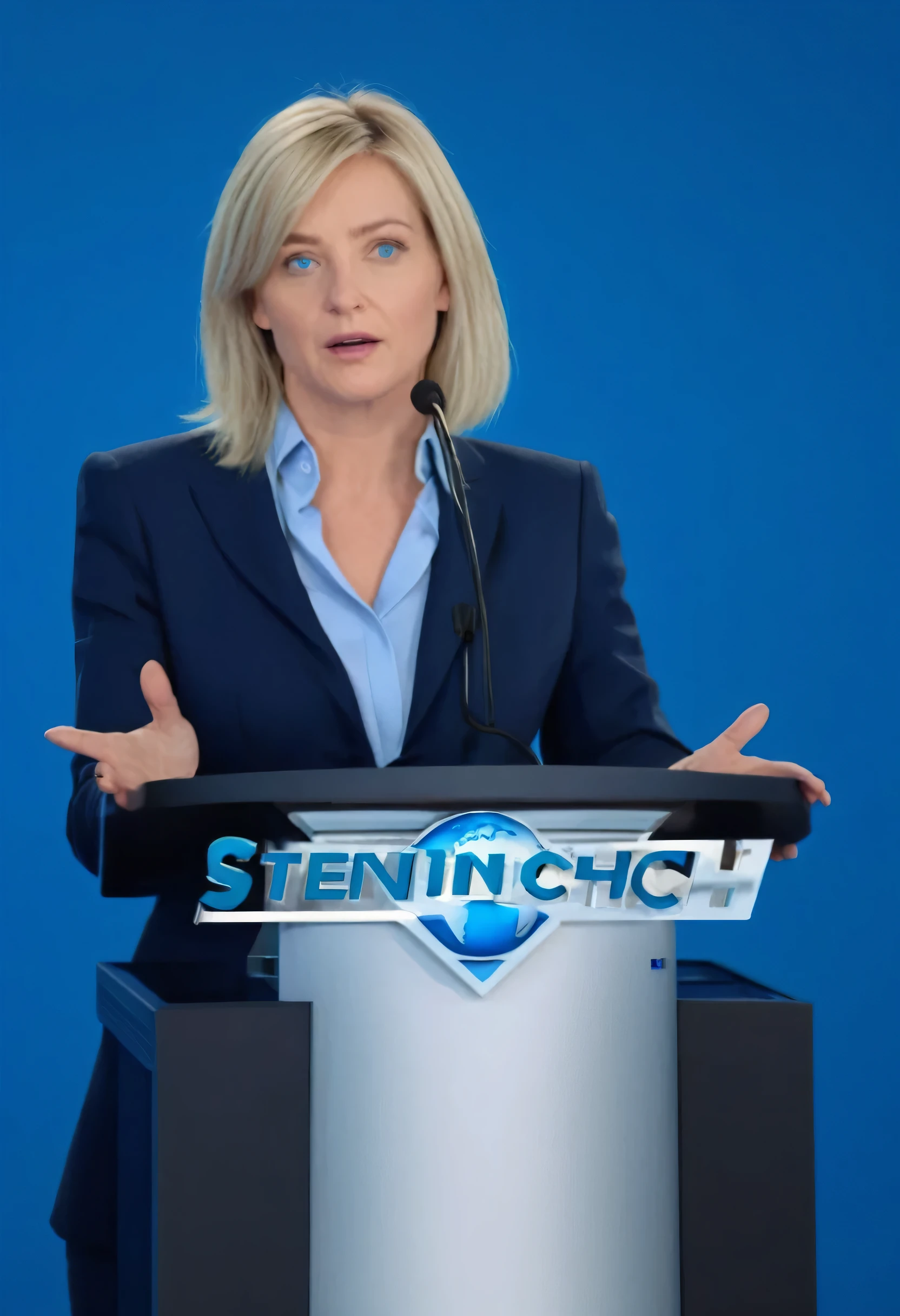 the most beautiful woman, beautiful Dutch milf face, blue eyes, short blonde hair, white skin, dark blue two-piece formal suit, light blue shirt, she is speaking in a pulpit, technology company logo that says Steintech, big screen with blue world map, faint bluish light colors, Ultra detailed, hyperrealistic, 4k, Ultra detailed image, realistic, Highly detailed, perfect composition, splendid, Intricately detailed, Incredibly detailed, 8 k artistic photography, hyper detailed, Masterpiece, Ultra detailed, hyper realistic , 4k, Ultra detailed image, realistic, Highly detailed, perfect composition, splendid, Intricately detailed, Incredibly detailed, 8 k artistic photography, hyper detailed, Masterpiece