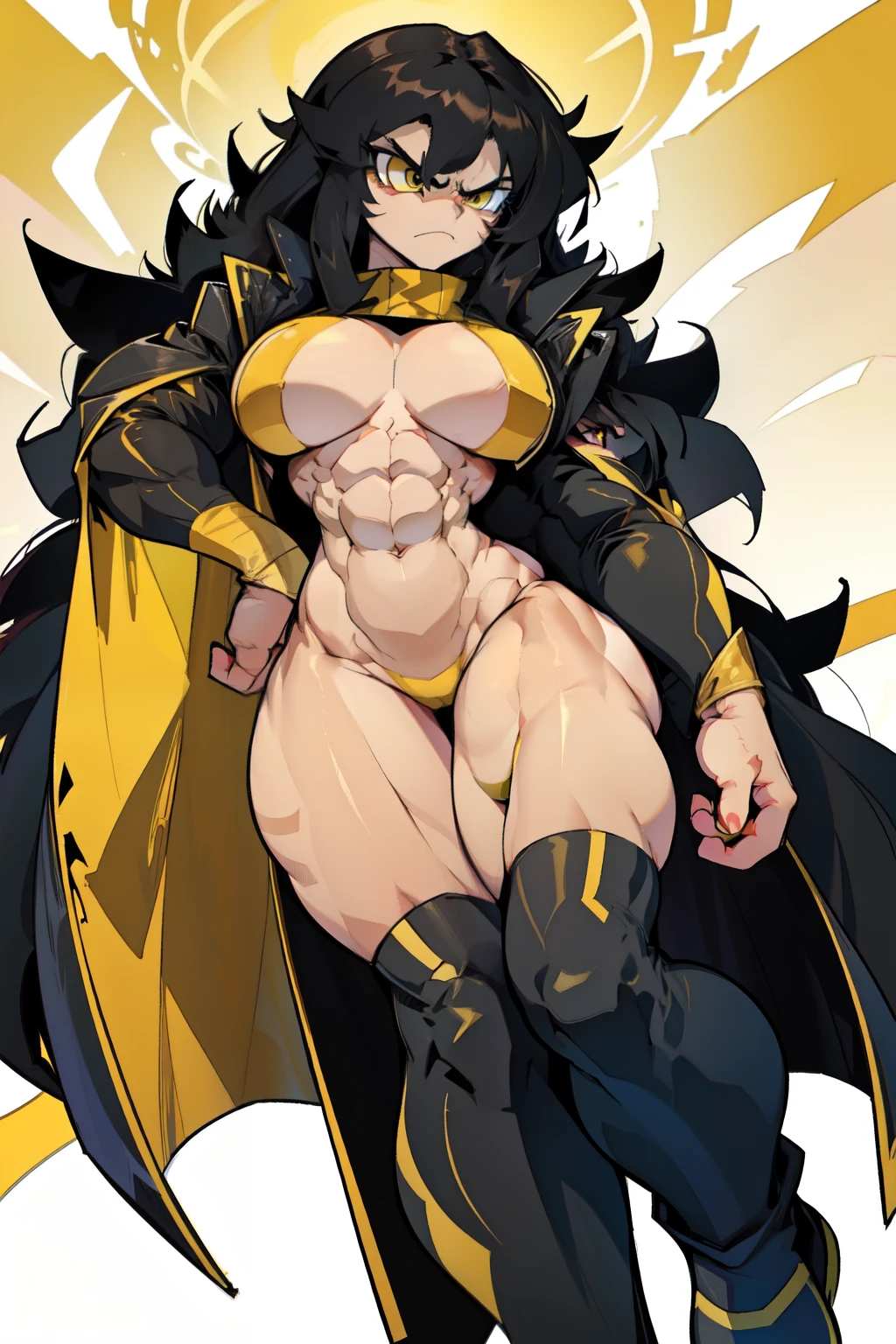 black hair yellow eyes very long hair pale skin angry ((((1girl muscular)))) ((toned body thick thighs large breasts curvy wide hips)) (fur coat) bodybuilder