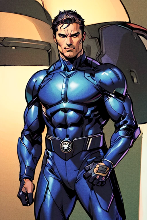 (highres,ultra-detailed,realistic:1.4),superhero man,dark blue armor,dark blue armor pants,black gloves,black arm stripes,no logo on armor,brown hair,superhero base