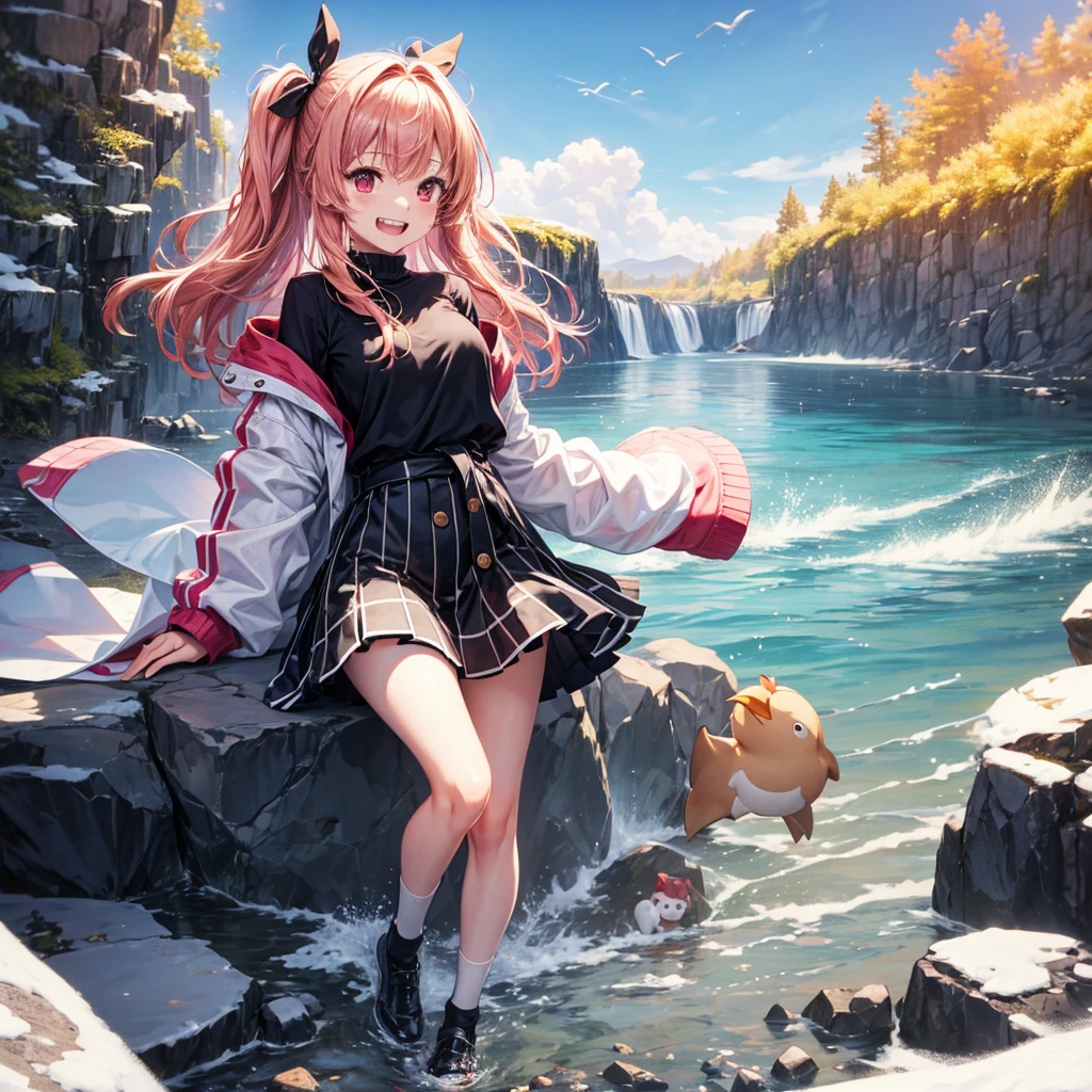 Pink gold golden hair、Red eyes、One good looking girl、solo、anime、Checkered mini skirt、The skirt has buttons、one piece、Blue camisole、White T-shirt、、Long sleeve、Black knee-high socks、Wearing a ribbon、Ribbon on waist、Tilting face、Teeth are visible、waterfall、tunnel、Sunset sky、The water surface is exploding、The rocks are exploding、Penguins are walking、Snow is piled up、Magician