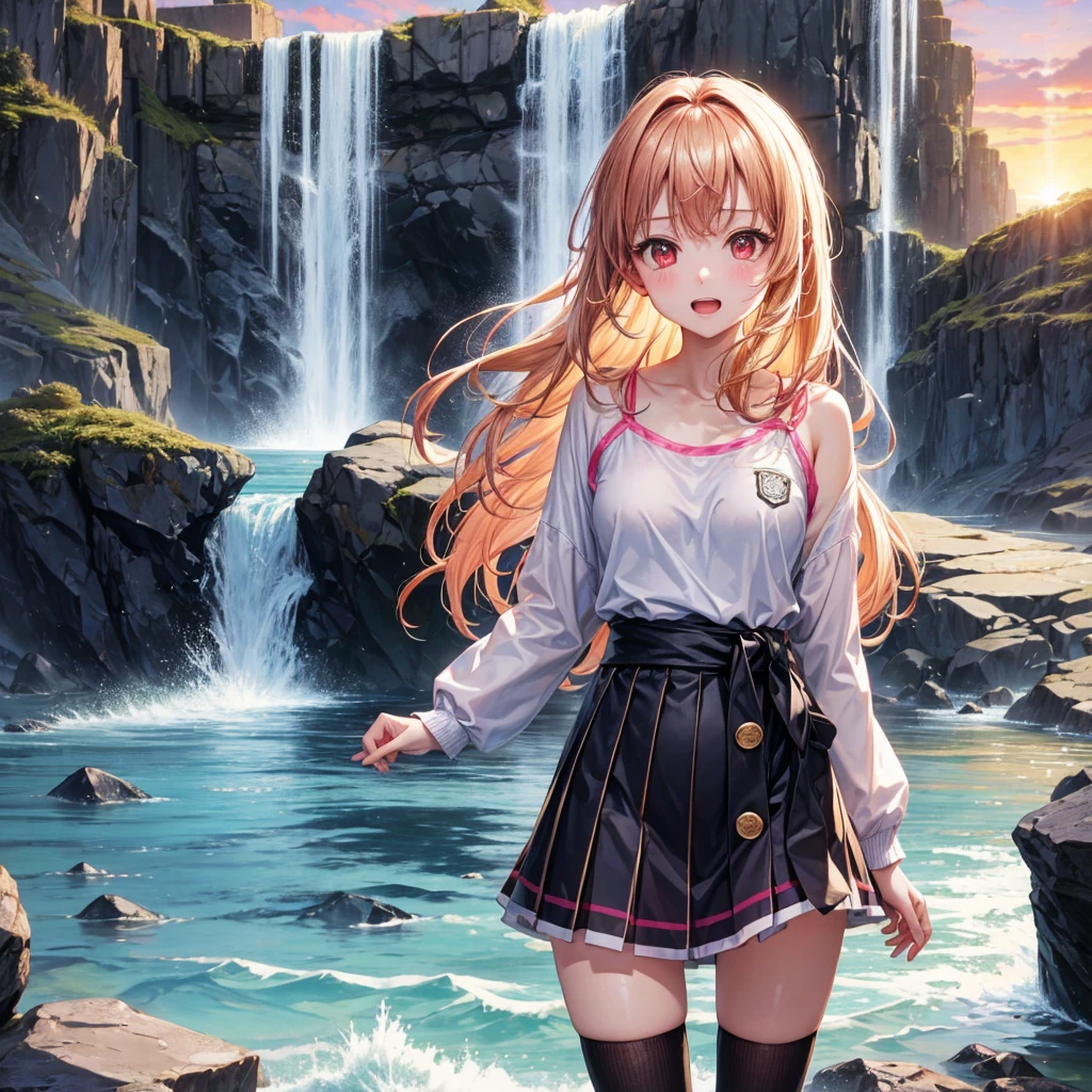 Pink gold golden hair、Red eyes、One good looking girl、solo、anime、Checkered mini skirt、The skirt has buttons、one piece、Blue camisole、White T-shirt、、Long sleeve、Black knee-high socks、Wearing a ribbon、Ribbon on waist、Tilting face、Teeth are visible、waterfall、tunnel、Sunset sky、The water surface is exploding、The rocks are exploding、Penguins are walking、Snow is piled up、Magician