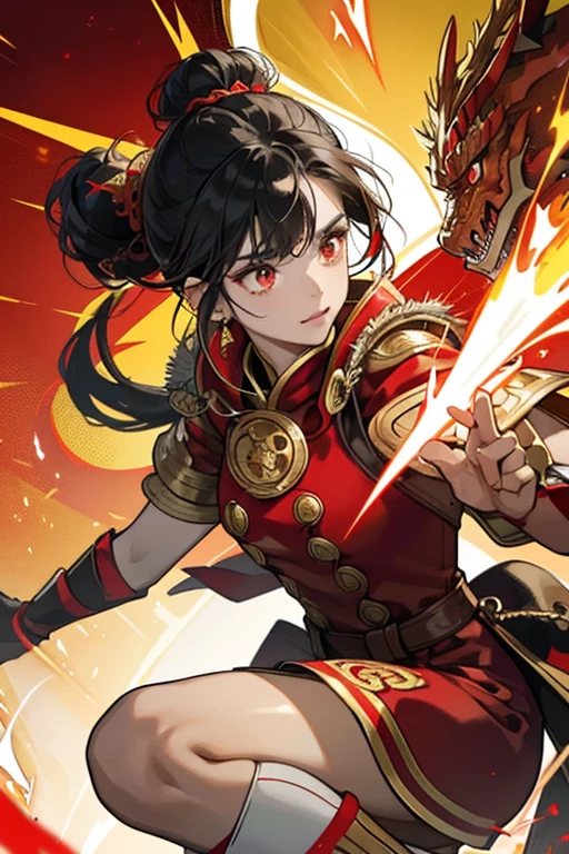 An Yu has tan skin, red eyes, and black hair that is tied into two hair buns. Her outfit consists of a red and yellow helmet with a dragon head symbol attached to the front, red gloves that expose her fingers, a red dress with yellow trim decorated around it and a yellow armor covering, red leggings, and red boots. SPARKLE; GLITTER