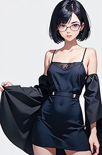 (masterpiece), (8k, best quality, high resolution), (ultra-detailed, realistic), (anatomically correct),
((full body image)), (Standing), (No background),
(1woman), (looking at viewer),
(A Japanese woman, 30 years old and 155cm tall.),
(black hair), (straight hair), (short hair style), (bob cut), (hair behind ears),
(wear glasses), ((black cell frame glasses)),
((Wear a navy blue spaghetti strap dress)), (Mini length dress with simple design),
(Create a detailed image of the eye),
(Her impression is pure, clean and kind.),