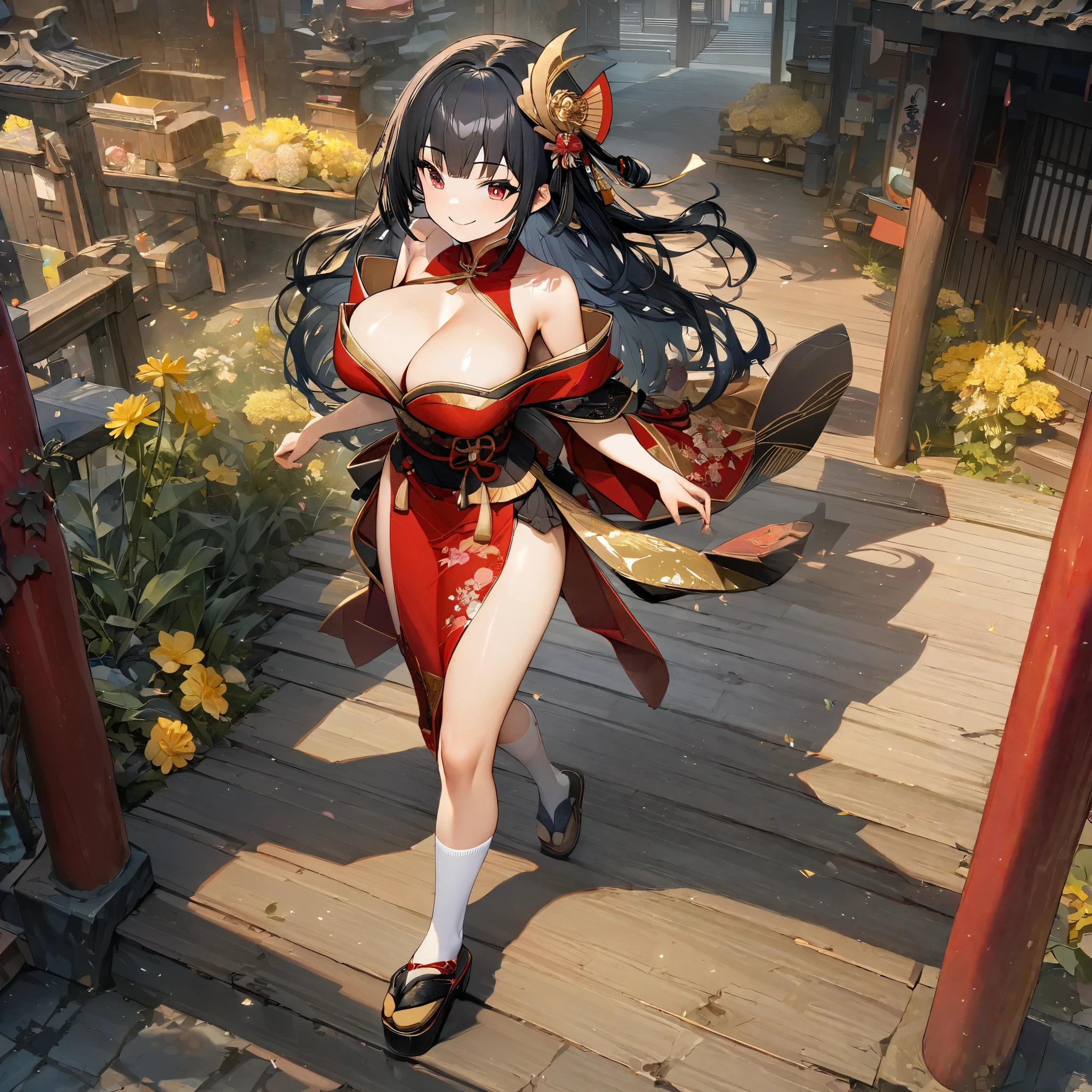 Woman wearing red geisha outfit with yellow flower designs, golden accessories in her hair, long black hair, red eyes, smiling, big breasts, white socks, black wooden shoes, walking on a wooden sidewalk. concrete in a traditional Japanese neighborhood, sakura in some parts, entire body. HD, bloom, very detailed, well defined, ultra resolution, surrealism,