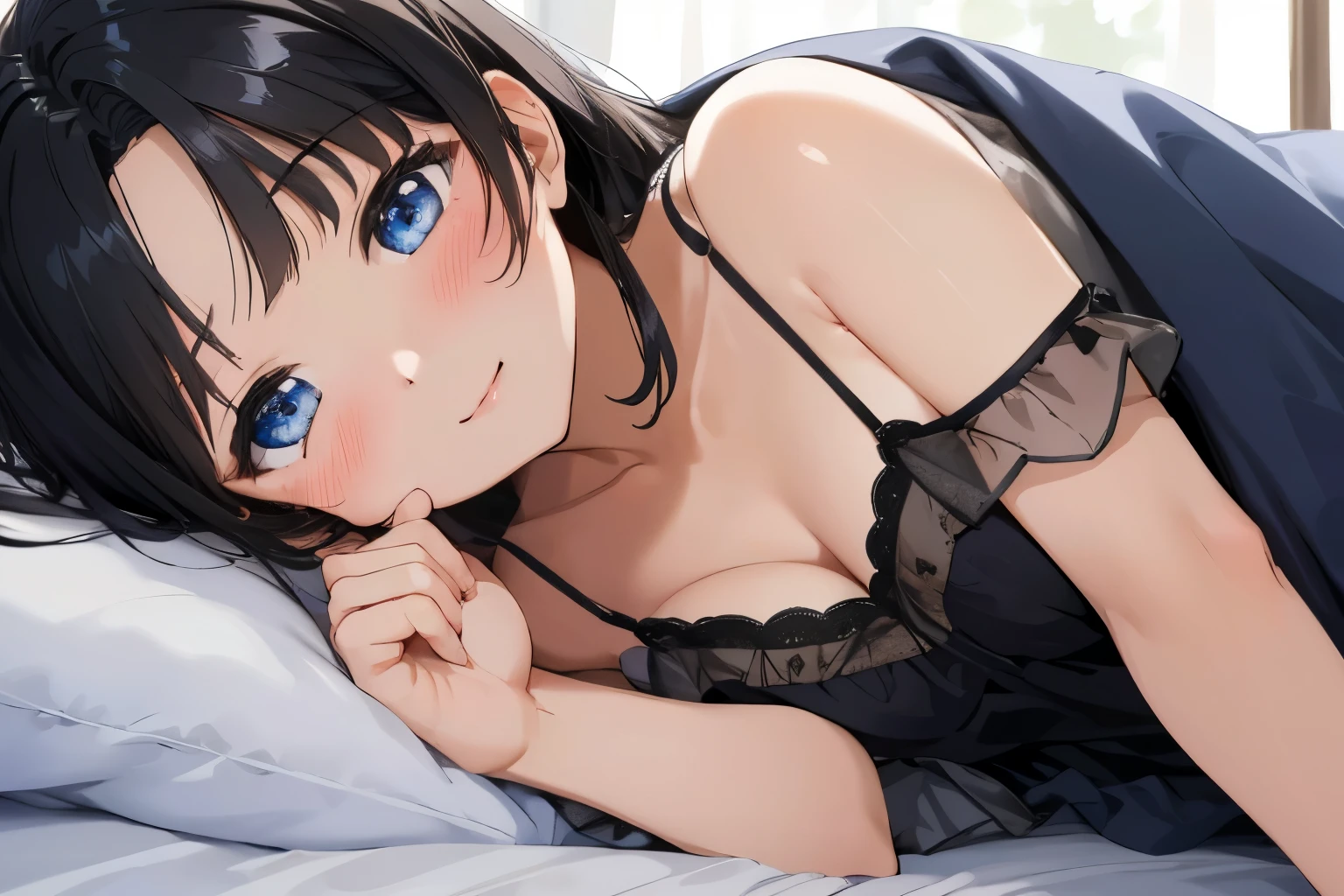 Masterpiece、highest quality、1 female、Super detailed Black Hair、bangs Blue Eyes、Detailed depiction of the eyes Smiling、blush camisole Face is close、Facial Close-up、Bring your face closer Sheetsに寝転がる、Lying on your side Sheets