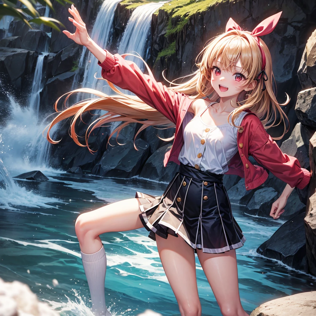 Pink gold golden hair、Red eyes、One good looking girl、solo、anime、Checkered mini skirt、The skirt has buttons、one piece、Blue camisole、White T-shirt、Long sleeve、Black knee-high socks、、Wearing a ribbon、Ribbon on waist、Tilting face、Teeth are visible、waterfall、tunnel、Sunset sky、The water surface is exploding、The rocks are exploding、Penguins are walking、Snow is piled up