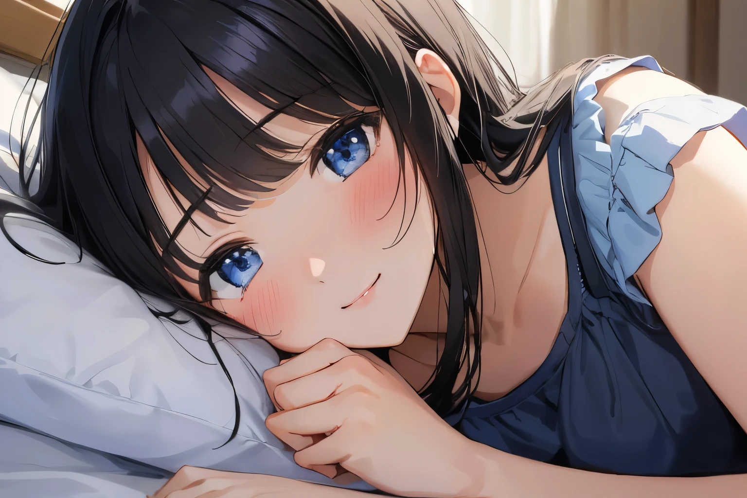 Masterpiece、highest quality、1 female、Super detailed　Black Hair、bangs　Blue Eyes、Detailed depiction of the eyes　Smiling、blush　camisole　Face is close、Facial Close-up、Bring your face closer　Sheetsに寝転がる、Lying on your side　Sheets