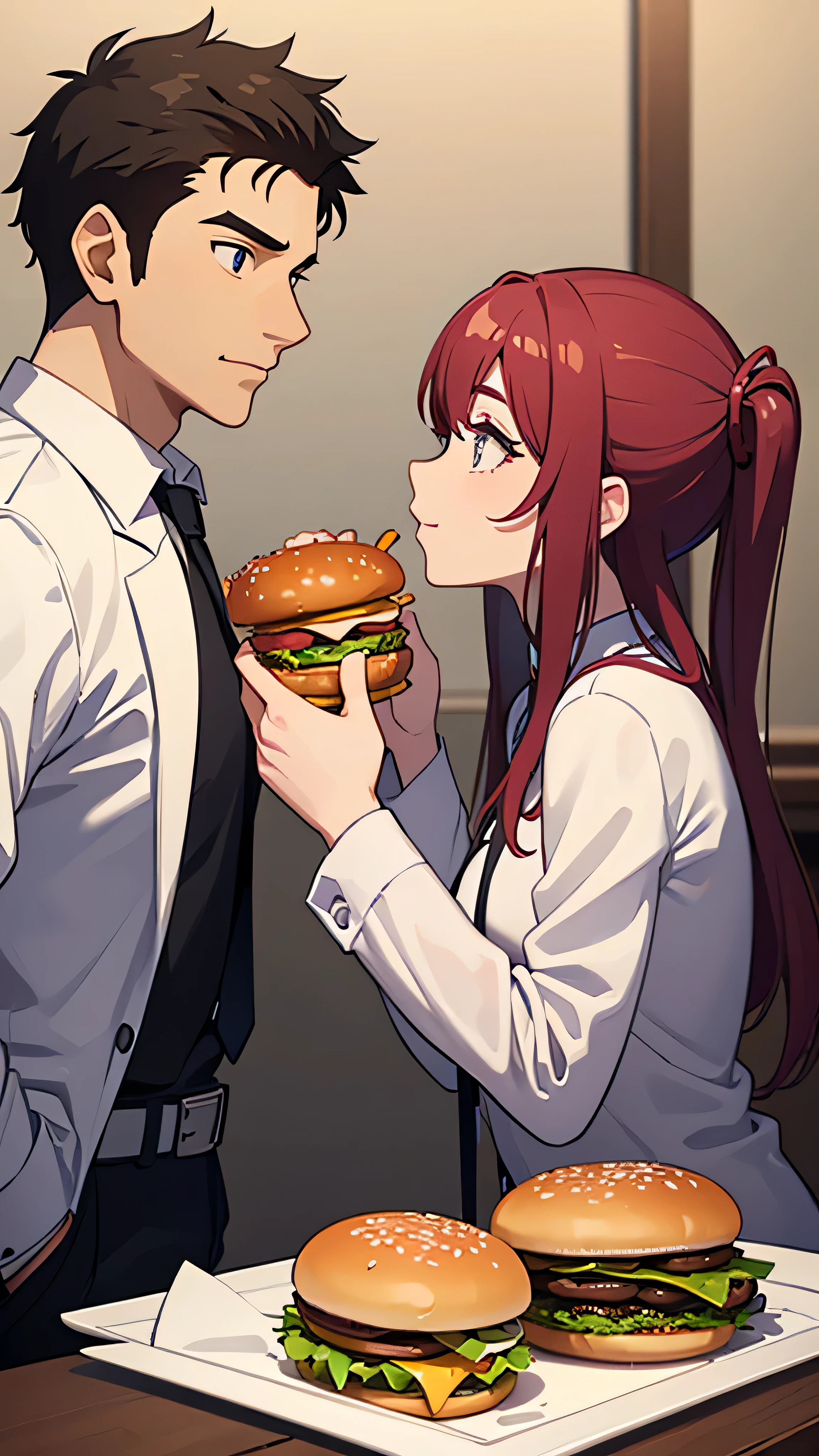 A man and a woman looking at each other and eating hamburgers