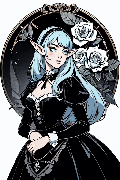 Beautiful Hardcore Illustration homepage illustration style, bust shot, dark, high resolution, hard touch illustration, strong outline, gothic fashion, 8k, American comic style, long hair, parted bangs, beautiful face, cool beauty, dress, beauty style, Hard illustration, sliver colored hair, rose, coffin, kawaii, elf ears, holding roses, high details