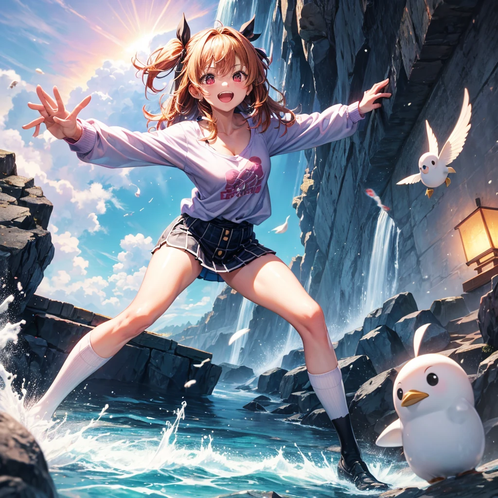 Pink gold golden hair、Red eyes、One good looking girl、solo、anime、Checkered mini skirt、The skirt has buttons、one piece、Blue camisole、White T-shirt、、Long sleeve、Black knee-high socks、Wearing a ribbon、Ribbon on waist、Tilting face、Teeth are visible、waterfall、tunnel、Sunset sky、The water surface is exploding、The rocks are exploding、Penguins are walking、Snow is piled up、Magician