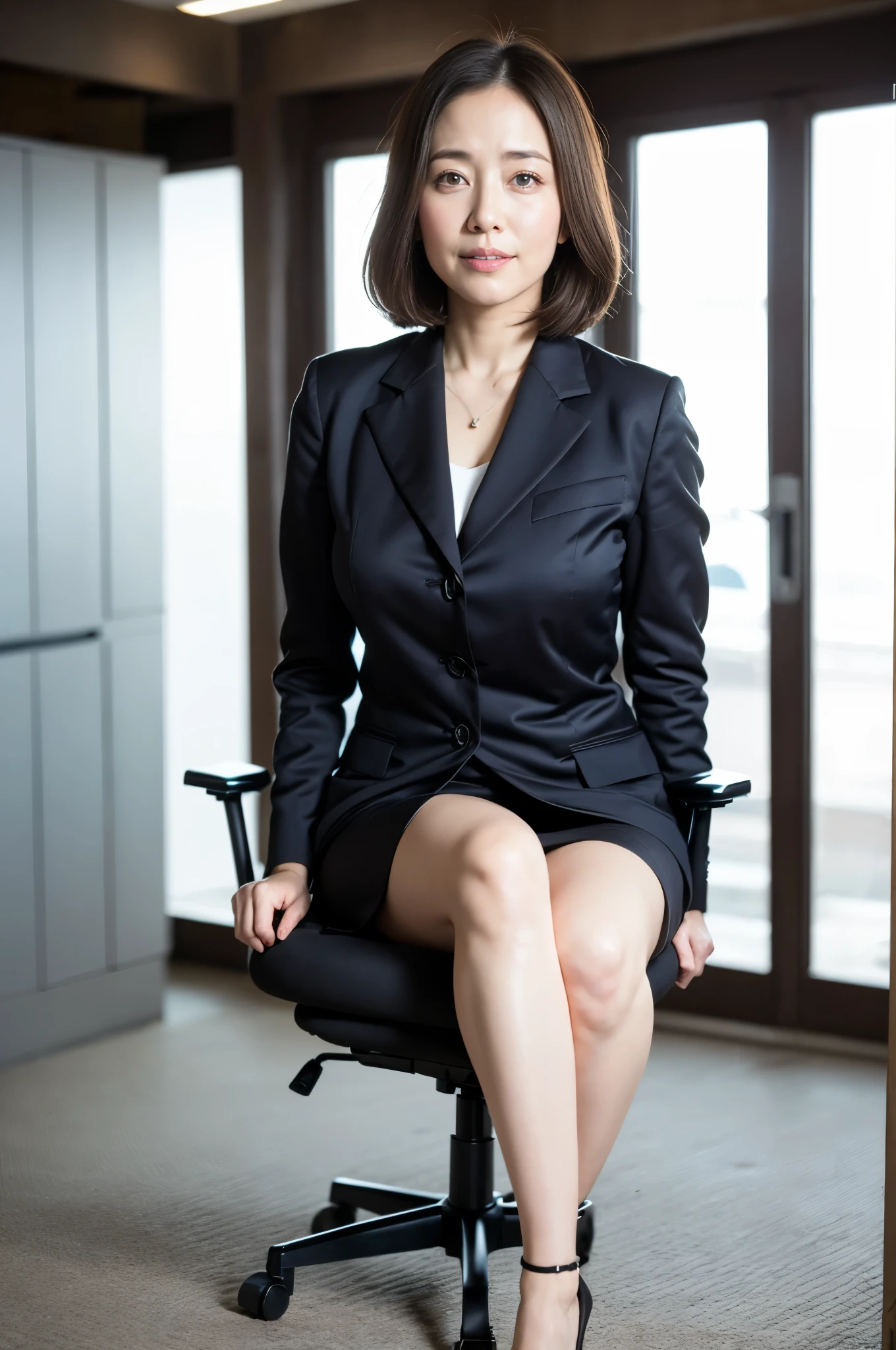 masterpiece, Better Quality, hight resolution, ((Photorealsitic:1.4, Raw photography, ultra high resolution,Top image quality)), ((full body 1.5, portrait:1.2)), 1Milf sitting on office chair, wearing business suit, curvy shape0.5, very detailed and professional lighting, (cute facial expressions), ((thigh visible)),