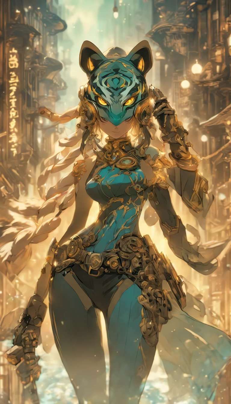 Chinese ink style,Steampunk world,Tiger-shaped steampunk warframe girl,Jet steam is suspended in the city air,Ink animation art,Ink comic art,water ink,ink,Smudge,8K,Delicately portrayed,Works of masters,Black and white tones