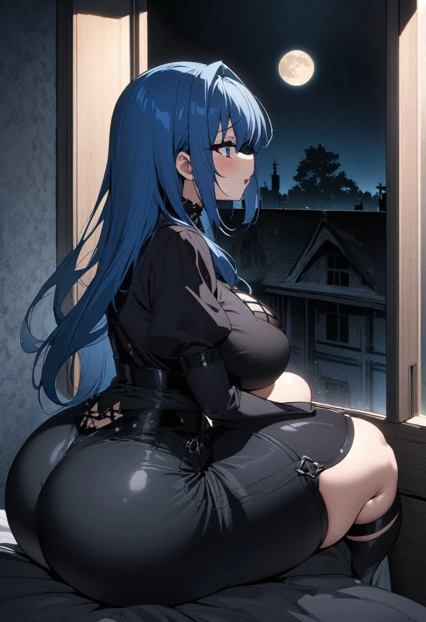 Goth anime girl busty with thick thighs and big ass with black and blue hair, in a room that’s black and has a window with the moon sitting down