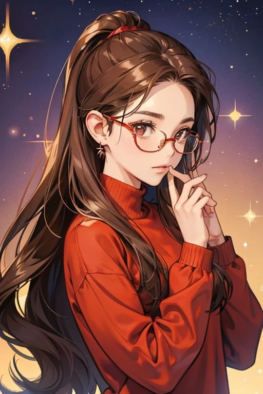 She has fair skin, brown eyes, and long brown hair, usually in a low ponytail. She wears red-framed glasses and likes to wear long-sleeved shirts and sweaters. SPARKLE; GLITTER