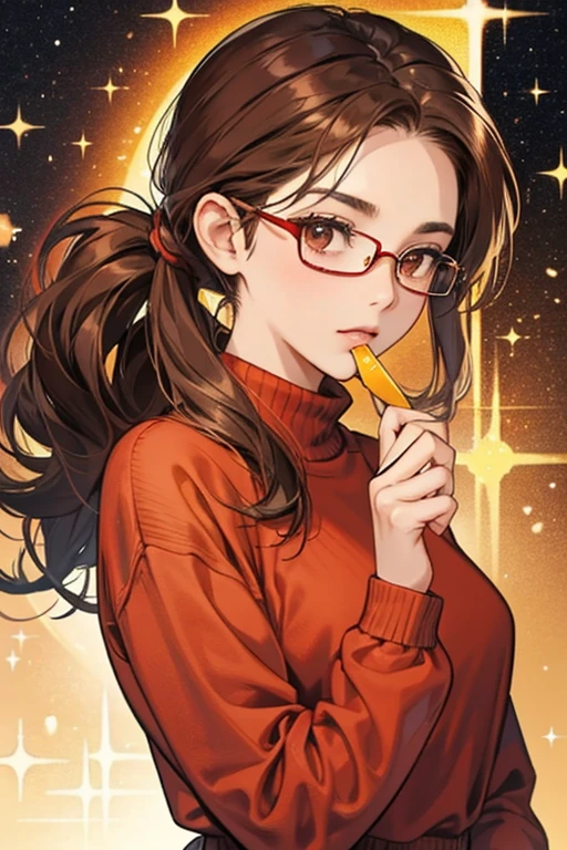 She has fair skin, brown eyes, and long brown hair, usually in a low ponytail. She wears red-framed glasses and likes to wear long-sleeved shirts and sweaters. SPARKLE; GLITTER