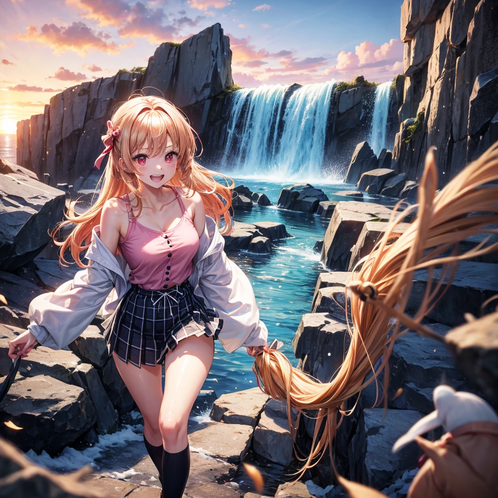 Pink gold golden hair、Red eyes、One good looking girl、solo、anime、Checkered mini skirt、The skirt has buttons、one piece、Blue camisole、White T-shirt、、Long sleeve、Black knee-high socks、Wearing a ribbon、Ribbon on waist、Tilting face、Teeth are visible、waterfall、tunnel、Sunset sky、The water surface is exploding、The rocks are exploding、Penguins are walking、Snow is piled up、Magician